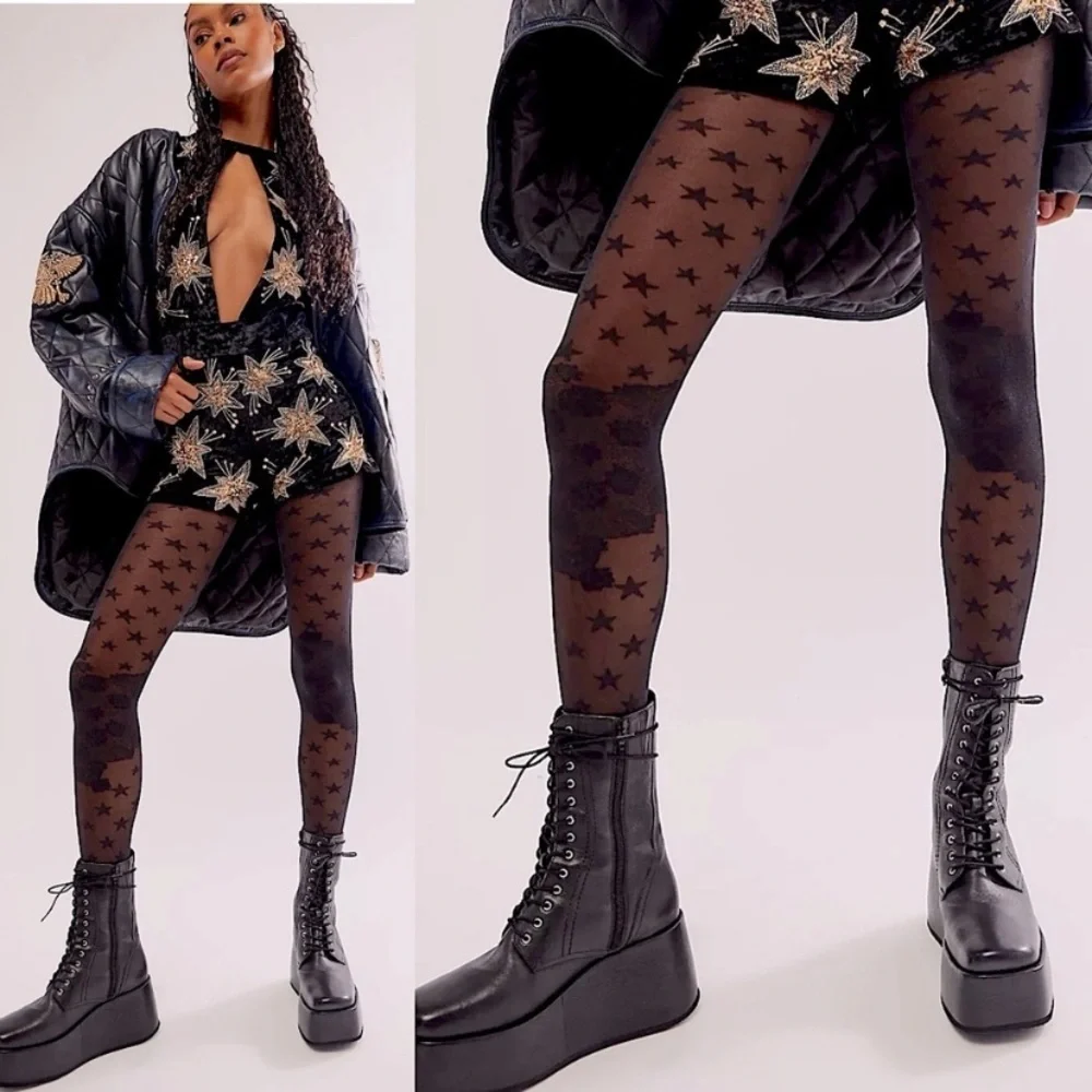 NWT Free People Starburst Tights With Floral Lace Knees OS